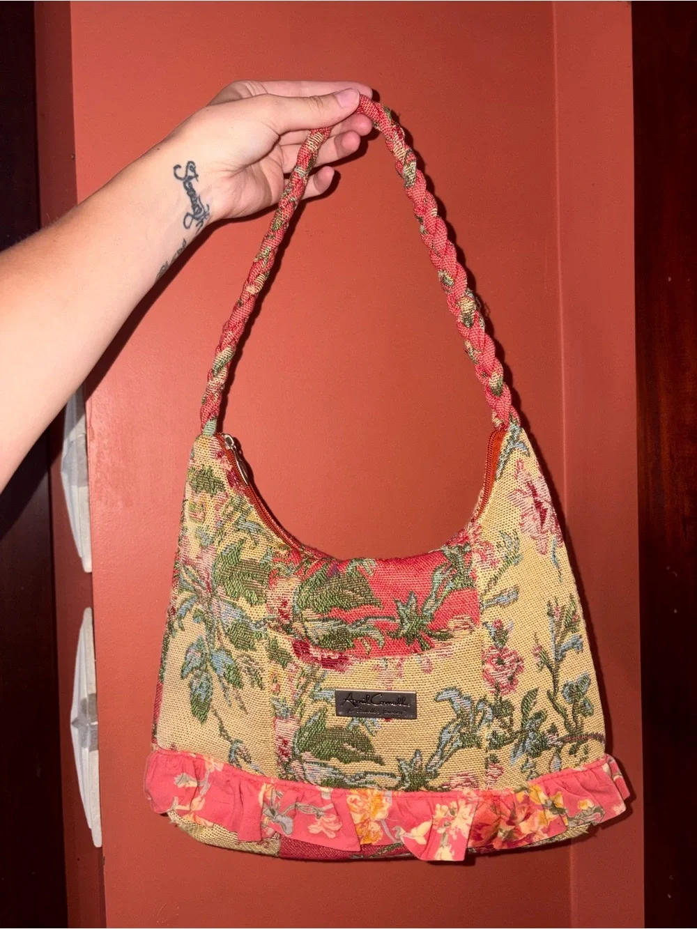 Vintage April Cornell Isabellas Journey floral tapestry bag with braided strap